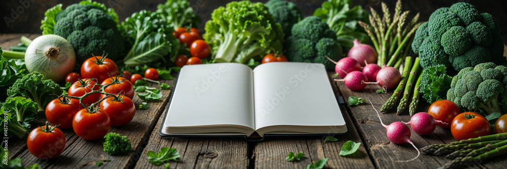 empty notebook, different vegetables on the table