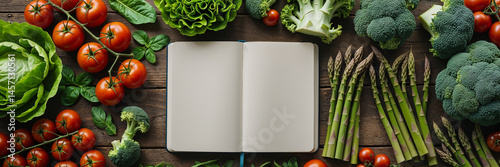 Obraz na płótnie empty notebook, different vegetables on the table w salonie