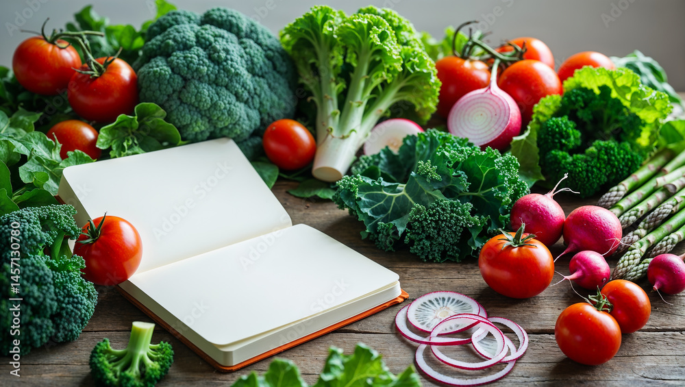 empty notebook, different vegetables on the table