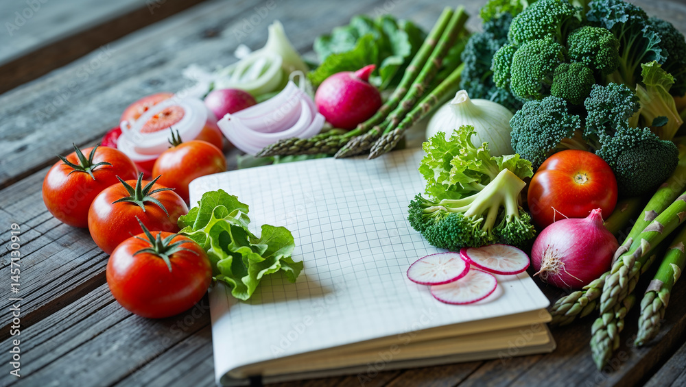 empty notebook, different vegetables on the table
