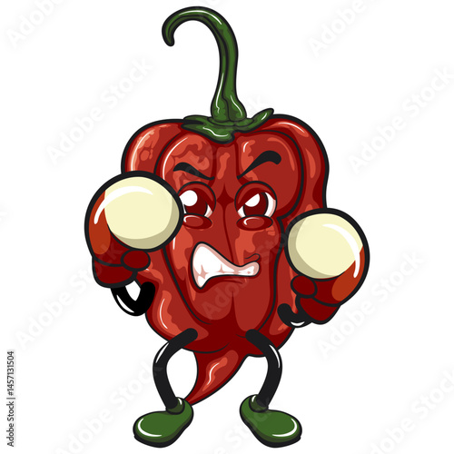 character mascot of a carolina reaper chili cartoon vector isolated clip art illustration practicing boxing wearing boxing glove, work of hand drawn