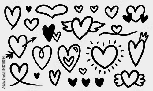 A set of cute ink hearts isolated on a gray background. Vector hand-drawn illustration in doodle style. Perfect for cards, decorations, various designs.