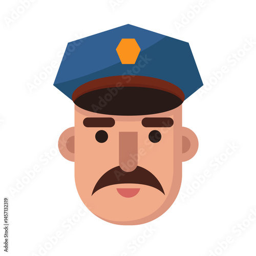 Vector policeman face in classic hat shows duty and service, officer icon fits security design, officer symbol suits authority visuals, officer avatar adds bold character.