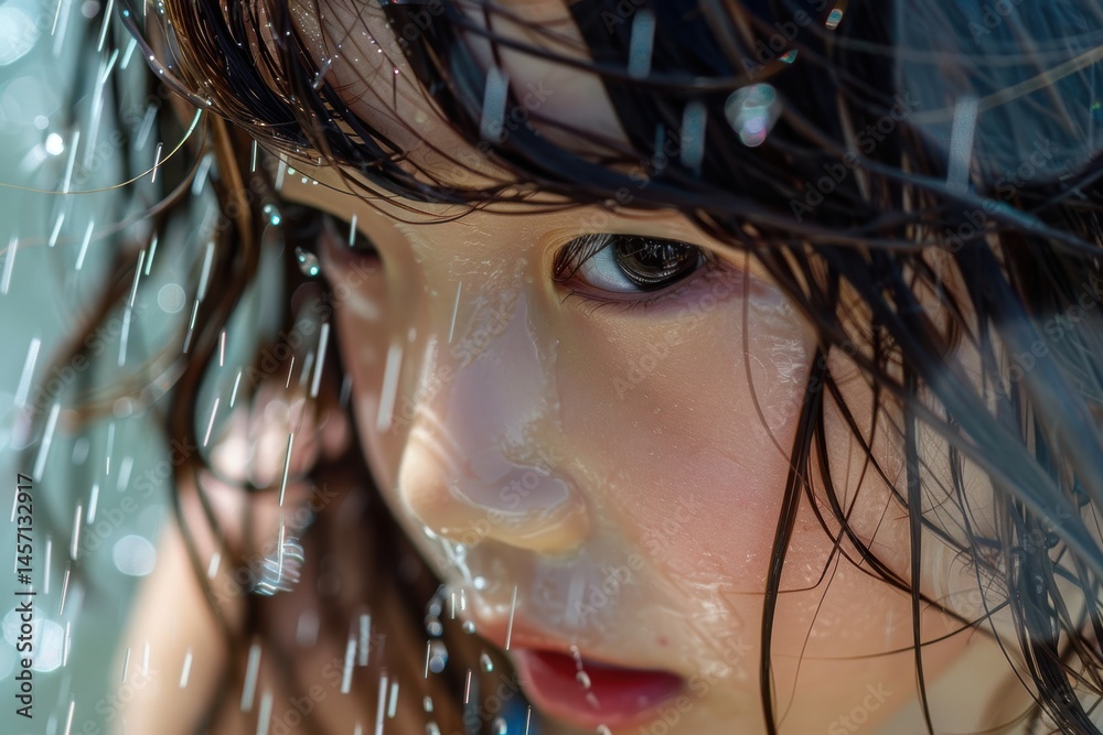 Close-Up of Child's Face with Flushed Cheeks and Wet Hair on a Hot Day at the Playground