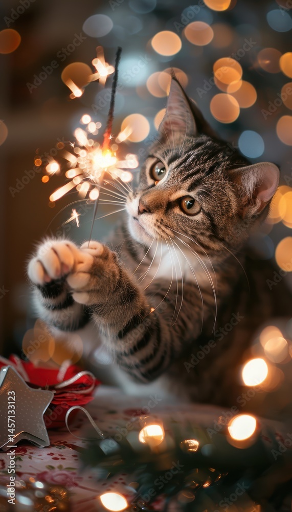 Curious Cat Pawing at Sparklers in Festive Holiday Setting with Decorated Table