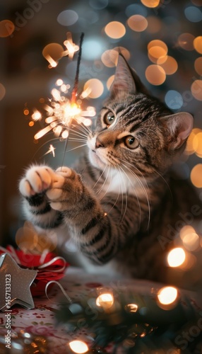 Obraz na płótnie Curious Cat Pawing at Sparklers in Festive Holiday Setting with Decorated Table w salonie