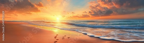 Golden sunset beach view, wave, sand, footprints, orange sky & horizon, peaceful nature