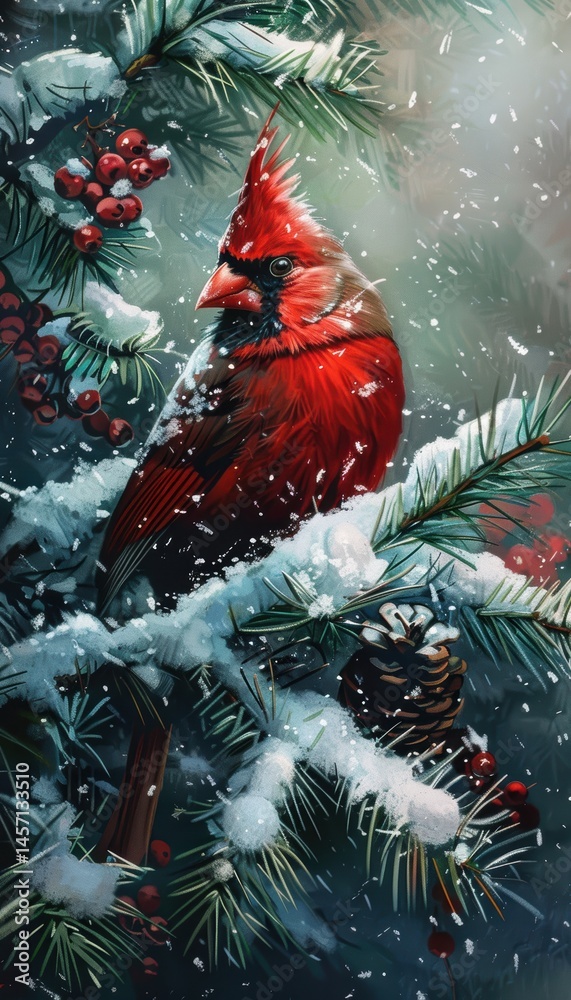 Festive Winter Scene with Cardinal in Snow-Dusted Pine for Holiday Design