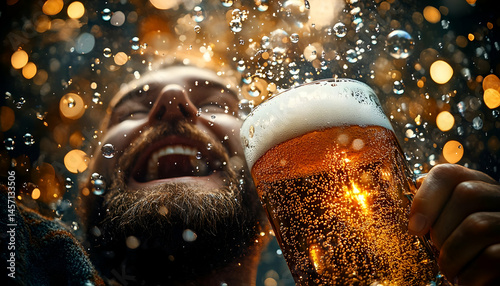 Joyful Man Toasting with Beer Under Golden Lights
