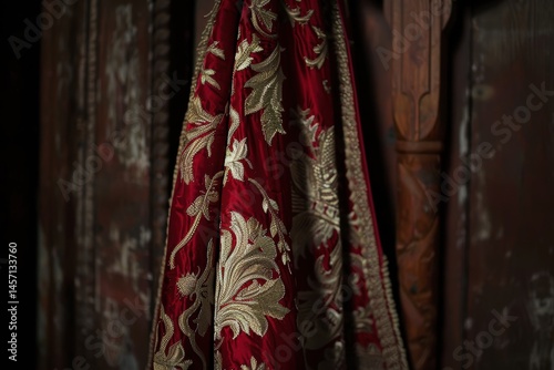 Intricate Embroidery of Cardinal's Stole in Antique Vestry Setting for Historical Display