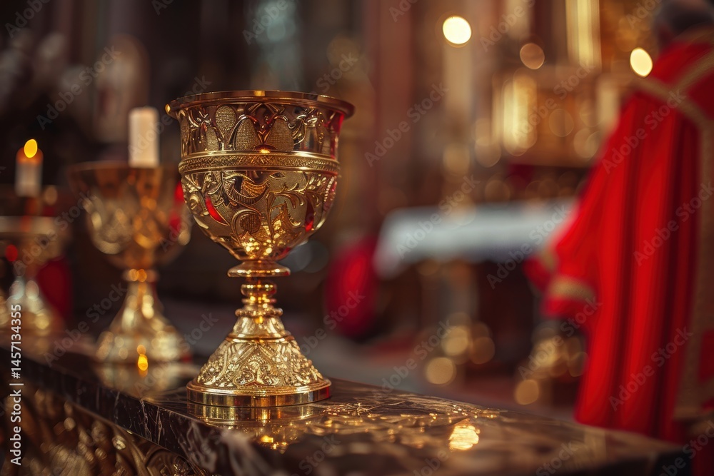 Ornate Golden Chalice on Altar with Cardinal in Red at Candlelit Church Ceremony