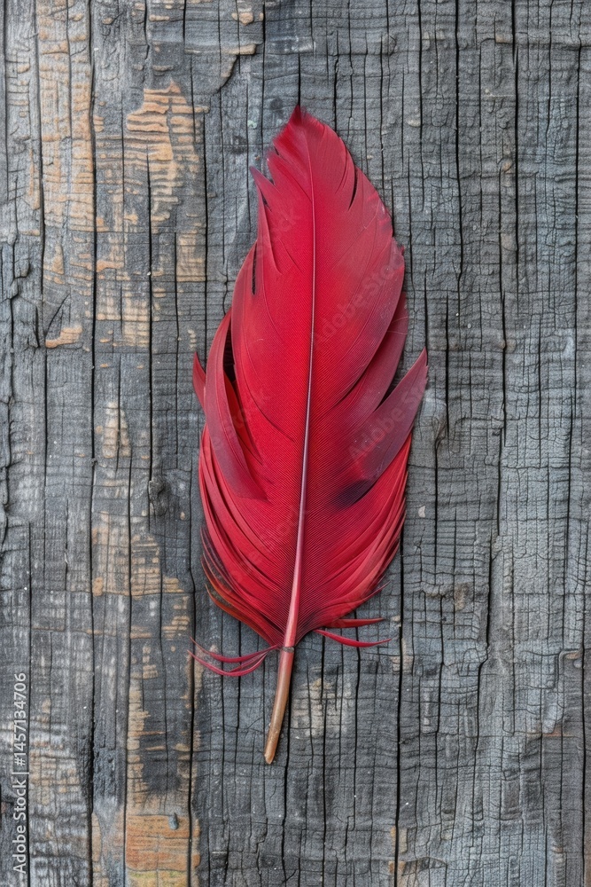 Red Cardinal Feather Detailed Close-Up on Weathered Wooden Surface for Texture Studies