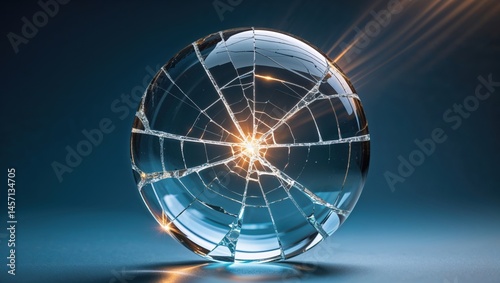 Shattered glass sphere against a dark blue background. The cracks radiate from the center, creating a dramatic visual effect.