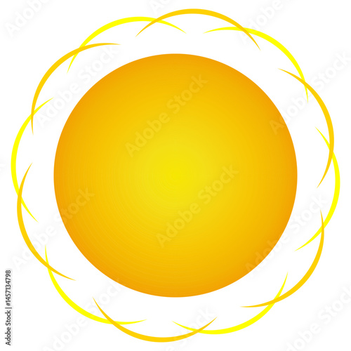 Cute vector illustration of bright warm summer sun with rays in the shape of arcs on white background. Yellow and orange ray. The elements. For summertime, seasonal, weather, beach, outdoor designs.