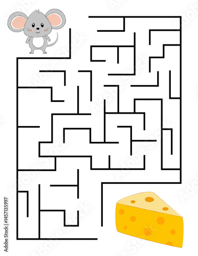 Fun maze game for children, guide the cute mouse through the labyrinth to the cheese. Printable educational game for kids. Vector art