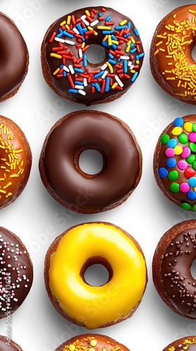Colorful glazed donuts arranged in rows on a white background. photo