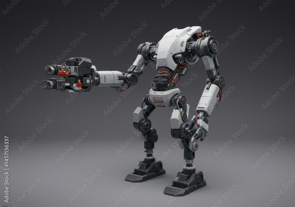 Grey and White Robot with Orange Accents Posing Against Grey Background Grey and White Robot with Orange Accents Posing Against Grey Background