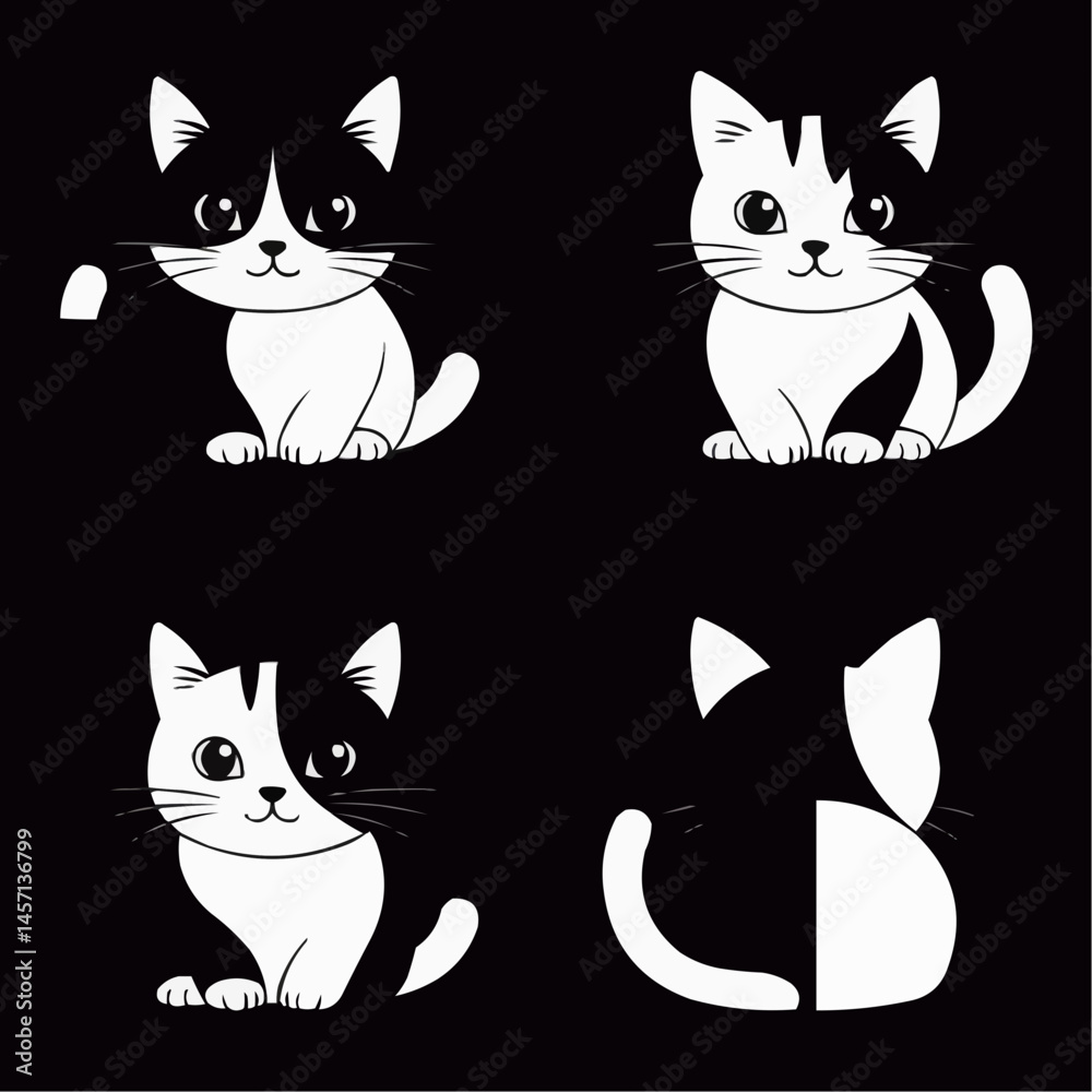 Obraz premium Four black and white cat illustrations