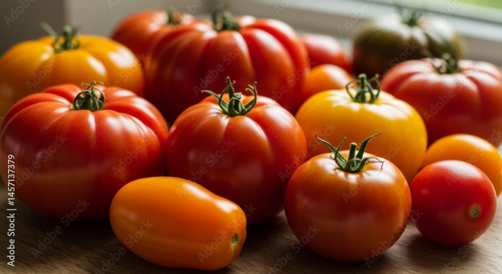 Assortment of Ripe Tomatoes on Wooden Surface Assortment of Ripe Tomatoes on Wooden Surface