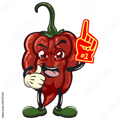 character mascot of a carolina reaper chili cartoon vector isolated clip art illustration raise foam finger, work of hand drawn