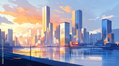 Sunny urban skyline featuring sleek reflective skyscrapers bold geometric forms dynamic modern high-rise business atmosphere.