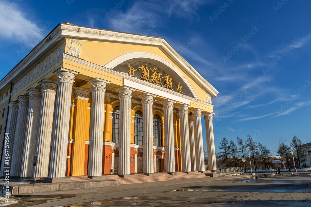 Fototapeta premium The beautiful facade of the Music Theater of Karelia Republic in Petrozavodsk, a classical building at Russia. 