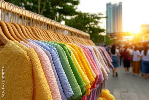 Colorful Trendy Pop-Up Shop Display with Merchandise and Customers at Sunset