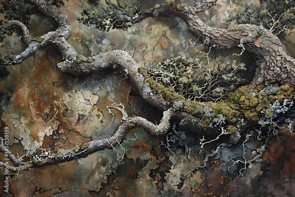 Fototapeta premium Intricate Moss Covered Branch Detail Painting Nature Art