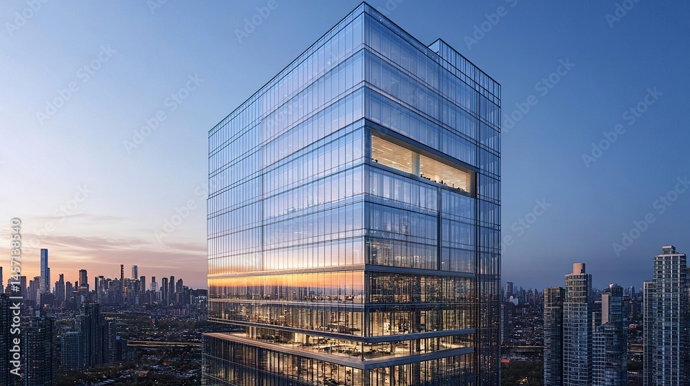 Fototapeta premium Towering glass office skyscraper sharp lines and shimmering windows rising against the city backdrop clean modern aesthetic. 