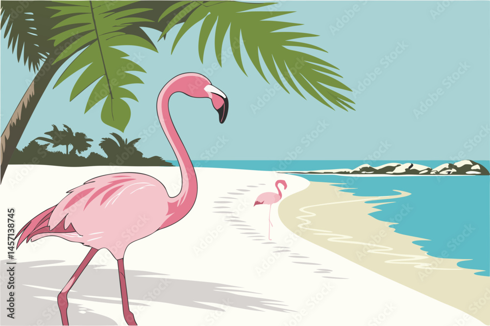 Fototapeta premium Pink Flamingos on a Tropical Beach Paradise