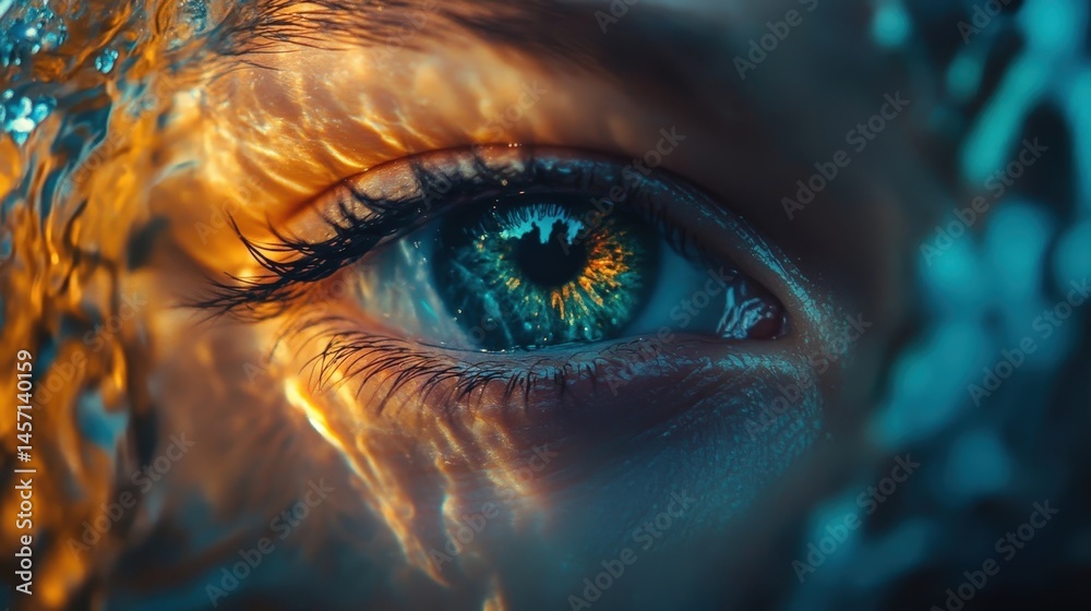 A mesmerizing close-up of an eye submerged in water, capturing incredible colors and reflections. Beauty in every detail. A mesmerizing close-up of an eye submerged in water, capturing incredible colors and reflections. Beauty in every detail.