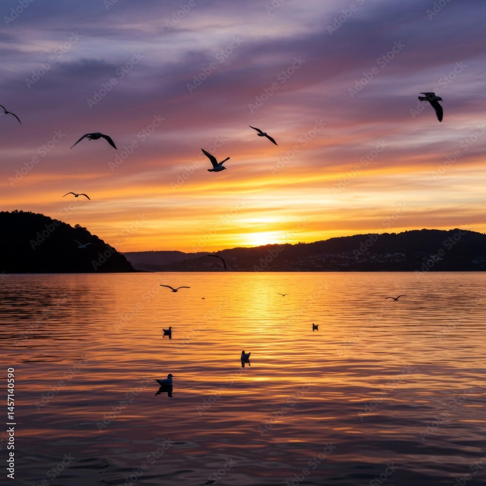 Fototapeta premium Birds in Flight at Sunset Over Calm Ocean Water