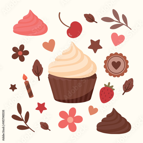 Vector cupcake constructor in red and brown tones. Chocolate, strawberry, toppings and decor. All elements isolated from light background. EPS vector perfect for print, cards, packaging.