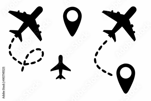 Airplane line path route travel vector concept, plane vector icon in modern flat style isolated on white background
  