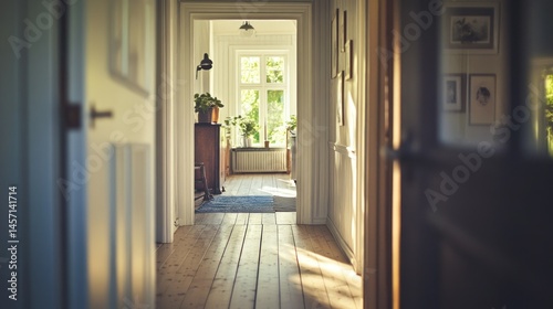 A sunlit hallway leads to a bright window and a light room