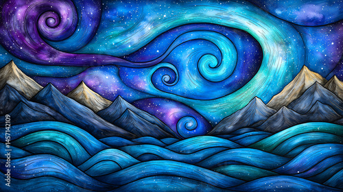 Surreal Ocean and Mountain Landscape with Swirling Night Sky