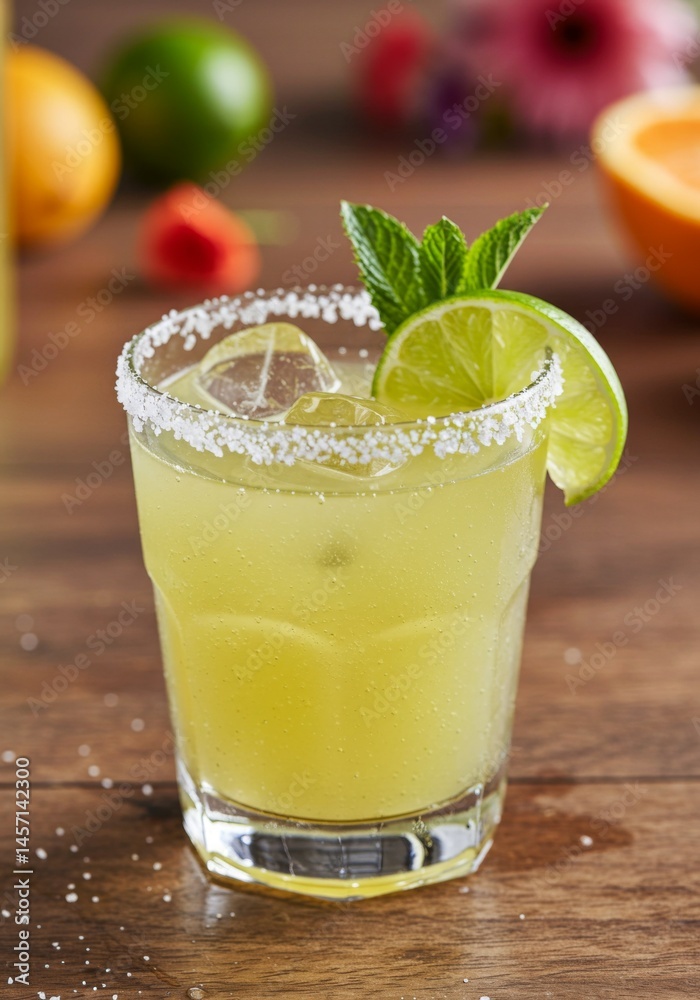Fototapeta premium Refreshing Green Citrus Cocktail with Mint and Salt Rim