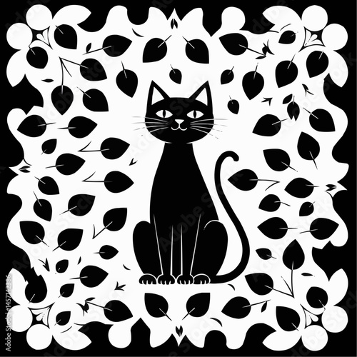 Black cat sitting, floral frame illustration


