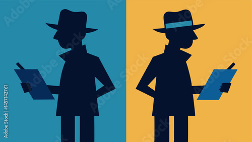 Investigator Figures Two stylized investigator silhouettes standing behind the twoway mirror one with arms crossed and the other taking notes on a clipboard.