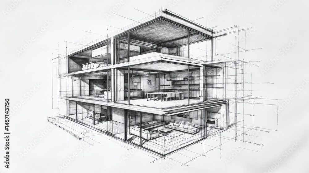 Fototapeta premium Modern architectural design concept featuring a multi-level house with open spaces and sleek lines