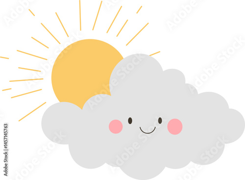 A cheerful cartoon depicting the sun partially hidden behind a smiling, fluffy cloud, creating a playful and inviting weather scene.
