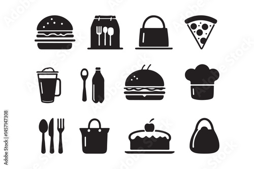 Food and Drink Silhouette Icon Set Burger, Pizza, Cake, Utensils, Chef Hat, Beverage Vector Clipart