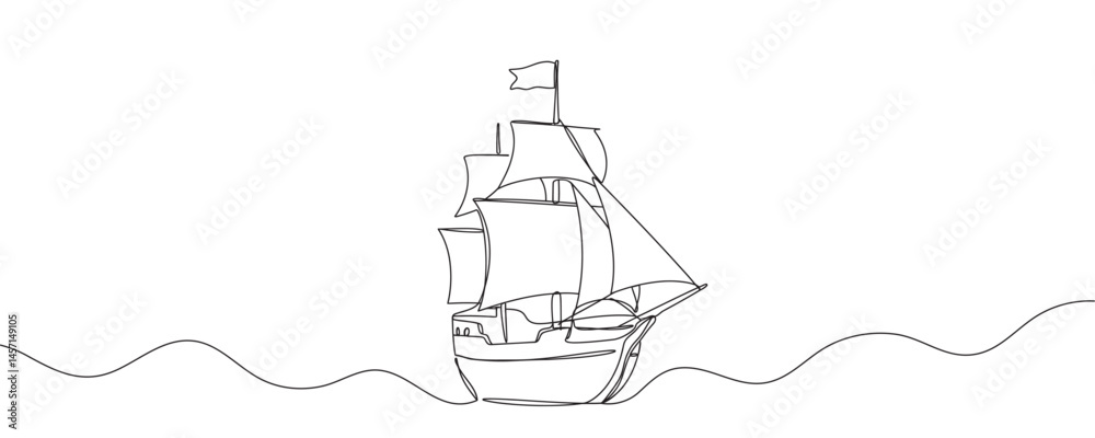 continuous line ship. pirate ship drawn with one line. old vessel. vector illustration. continuous line ship. pirate ship drawn with one line. old vessel. vector illustration.