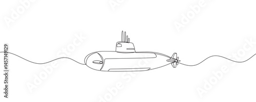 One continuous line drawing of submarine. Deep sea transport vessel. Vector illustration.