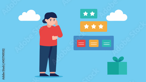Buyer Confusion A confused shopper standing in front of a product display with thought bubbles filled with star ratings ranging from one to five representing the confusion caused
