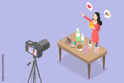 3D Isometric Flat Vector Illustration of E-Commerce, Reviewing And Selling Goods Live