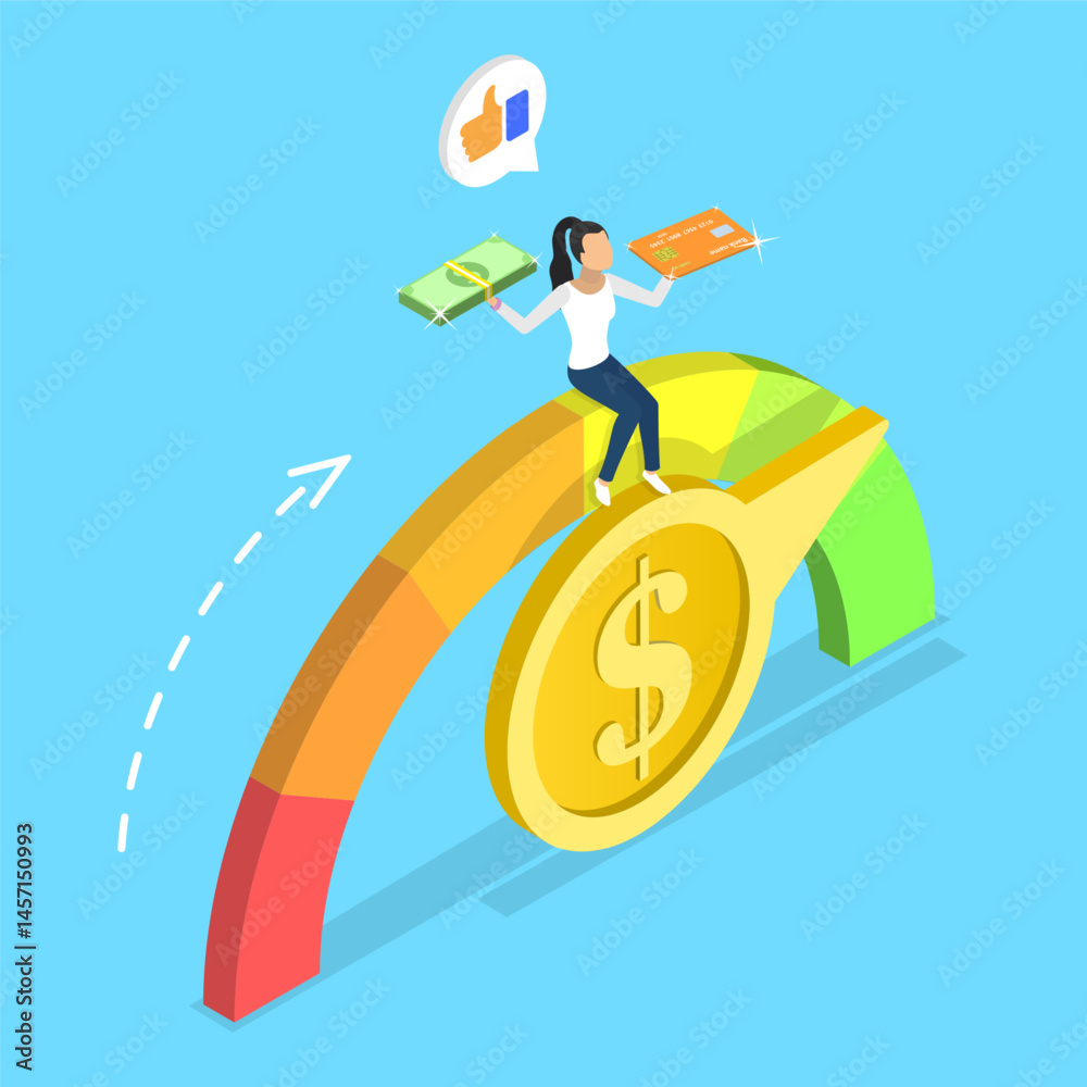 3D Isometric Flat Vector Illustration of Great Credit Score, Personal Finance 3D Isometric Flat Vector Illustration of Great Credit Score, Personal Finance