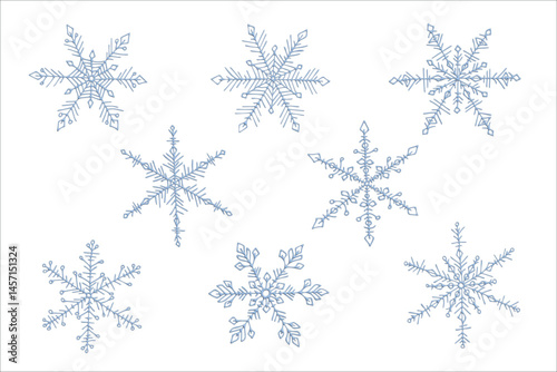 Set of hand drawn 3d snowflake. Vector winter clipart. Christmas and New Year decoration