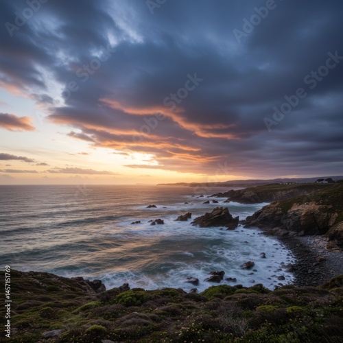 Dramatic Ocean Sunset with Rocky Coastline