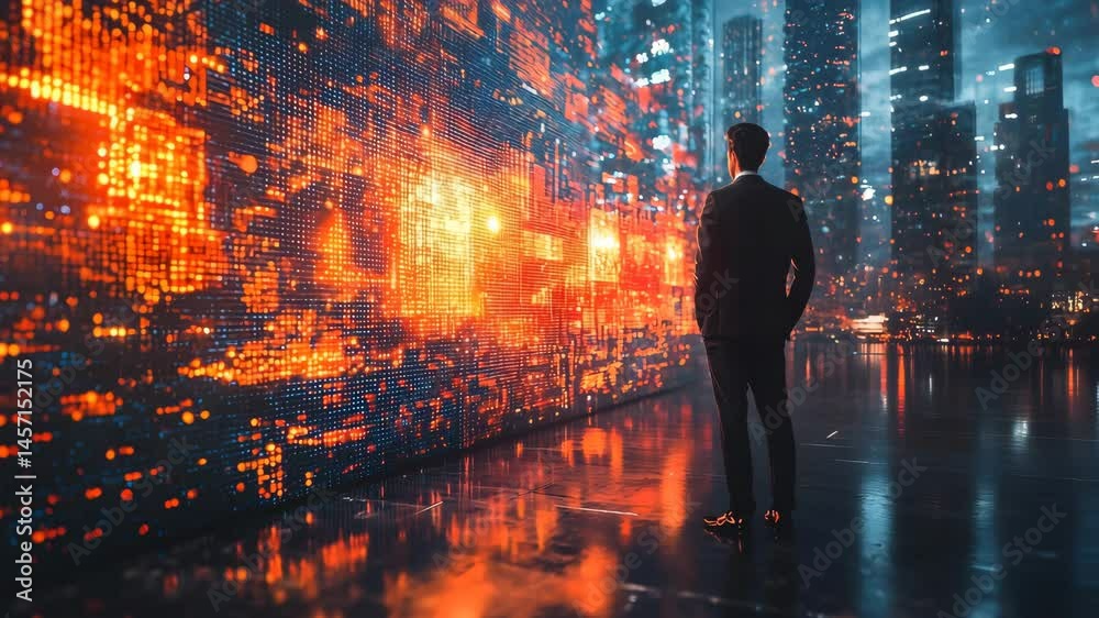 Visionary leader overlooking a futuristic digital cityscape Visionary leader overlooking a futuristic digital cityscape